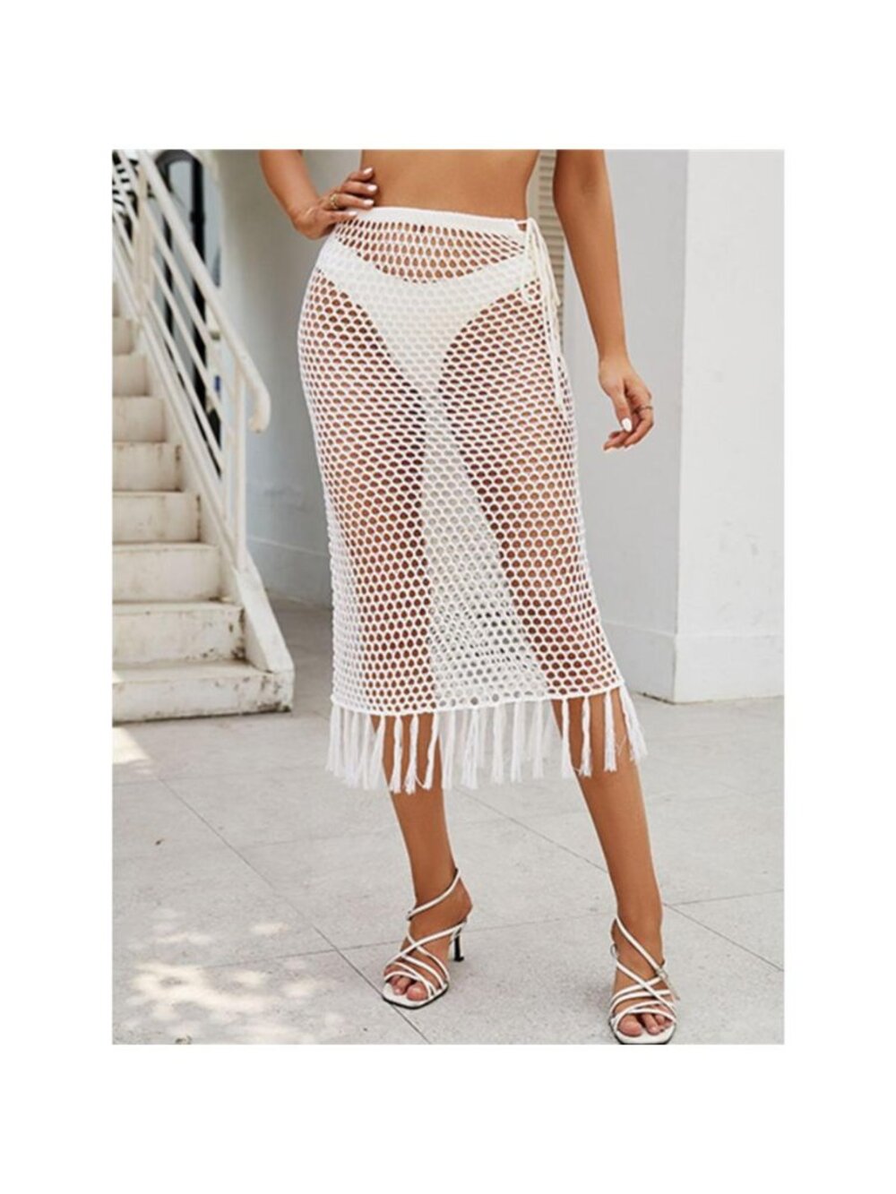 Sheer Crochet Knit Swim Cover-Up Skirt with Fringe